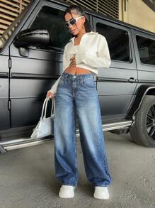 EURMUSE WOMEN WIDE LEG LOW WAIST JEANS - Medium Wash - View 7