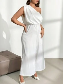 SHEIN Privé 大码优雅通勤职场知性高端会场精致下午茶略带性感约会音乐会女士极简优雅度假白色单肩褶皱腰阔腿连体裤 - 白色 - 查看 4