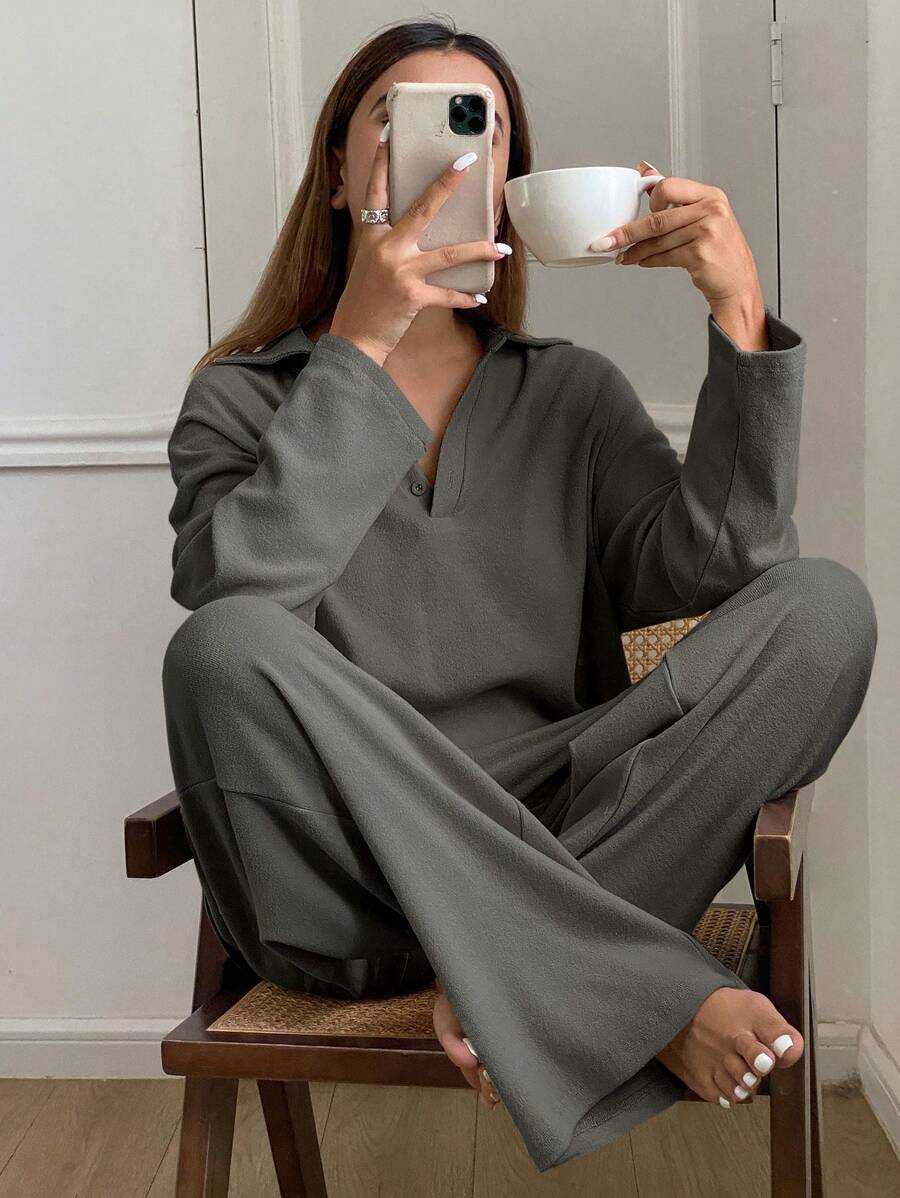DAZY 1 套超细羊毛家居服，休闲日常穿着，配有翻领上衣和阔腿裤，秋季、冬季睡衣 - 灰色 - 查看 1