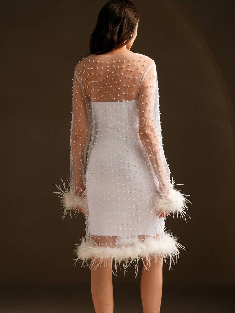 Women Feather Print Rhinestone Beaded Mesh Long Sleeve Dress