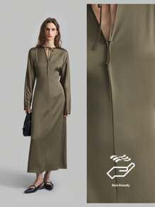 Ontre Damen Frühling 2025 Neu Elegantes formelles grünes Kleid mit ausgestellten Ärmeln und Schleife am Kragen, langärmlig in Olivgrün, Satin Abendkleid - Grün - Übersicht 2