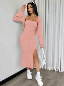Chiquease 2pcs/Set Solid Color High Slit Bodycon Dress And Open Front Cardigan, Outfit - Dusty Pink - View 4