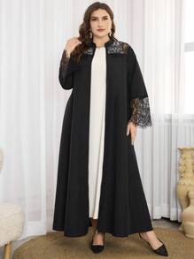 Al Najma Váy dài tay phong cách Ả Rập, hở phía trước bằng ren phối ren cỡ lớn cho nữ, váy Abaya Ả Rập thanh lịch, giản dị, mặc hàng ngày/tiệc tùng - màu đen - Xem 6