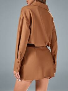 GENKIRA 马球领金属扣腰带修身迷你裙女士淑女时尚连衣裙女士优雅连衣裙 - 棕色 - 查看 3