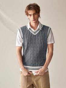 Manfinity RebelGame Áo len chui đầu cổ chữ V kẻ sọc rộng rãi cho nam, phong cách thường ngày cho mùa thu/đông - Xám - Xem 5