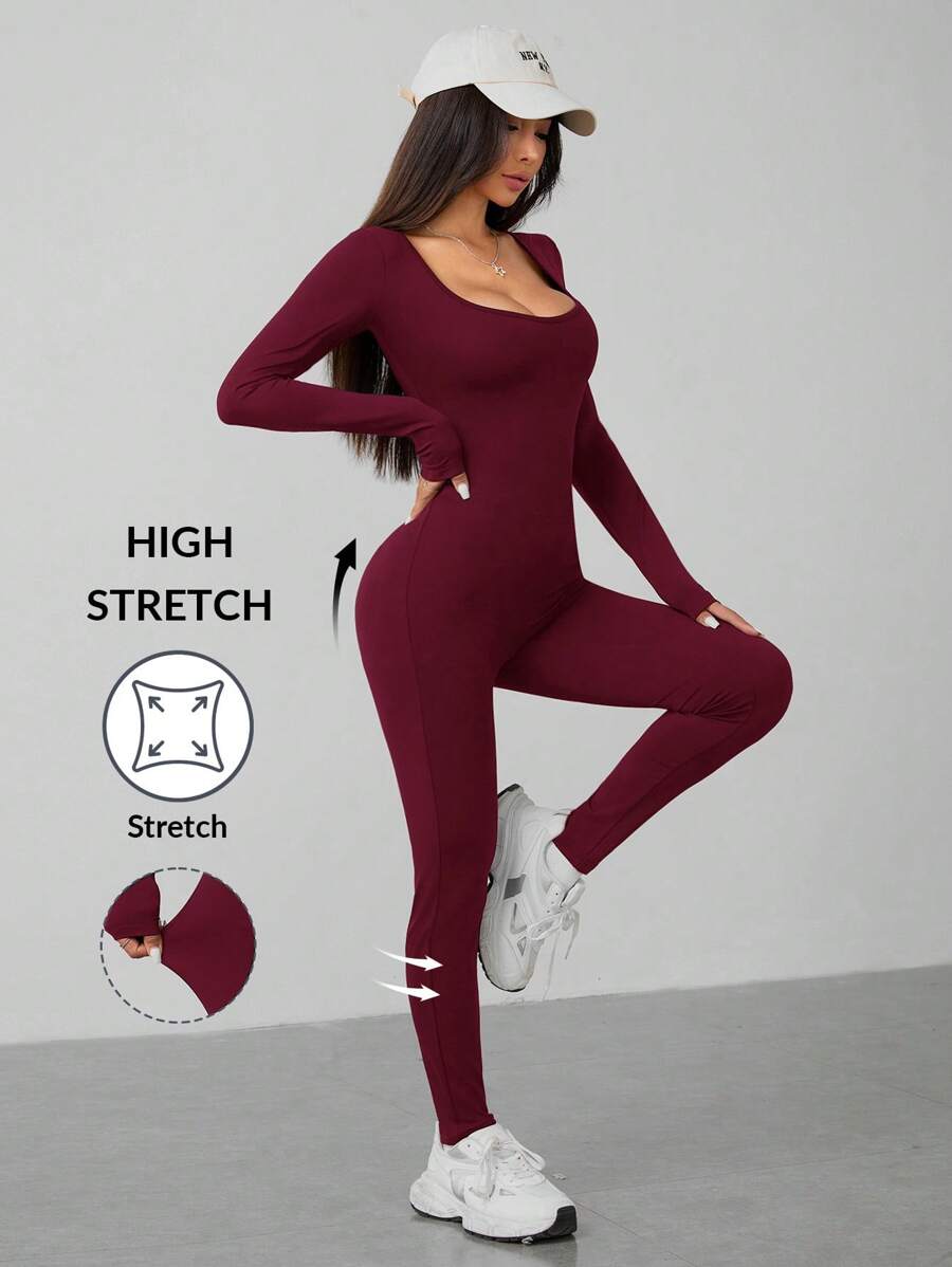 SHEIN PETITE 春季圆领黑色长袖紧身连衣裤 - 酒紅色 - 查看 1