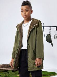 SHEIN Tween Boy Casual Plush Hooded Jacket - Army Green - View 1