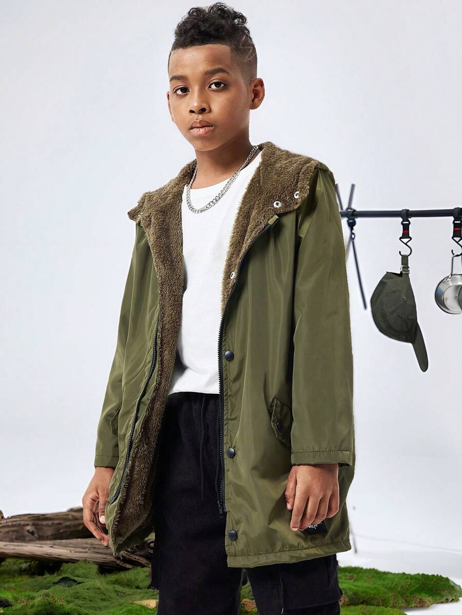 SHEIN Tween Boy Casual Plush Hooded Jacket - Army Green - View 1