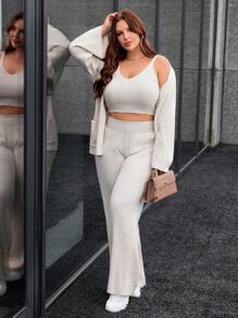 SHEIN Cottnline Rib Knitted Cardigan, Knit Tube Top And Knit Pants 3 Piece Set - Beige - View 4