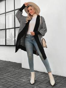 SHEIN LUNE 几何图案灯笼袖长袖开衫、长袖上衣 - 黑與白 - 查看 3