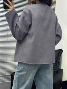 INAWLY 女士纯色正面纽扣长袖简约夹克，适合日常休闲穿着 - 灰色 - 查看 2