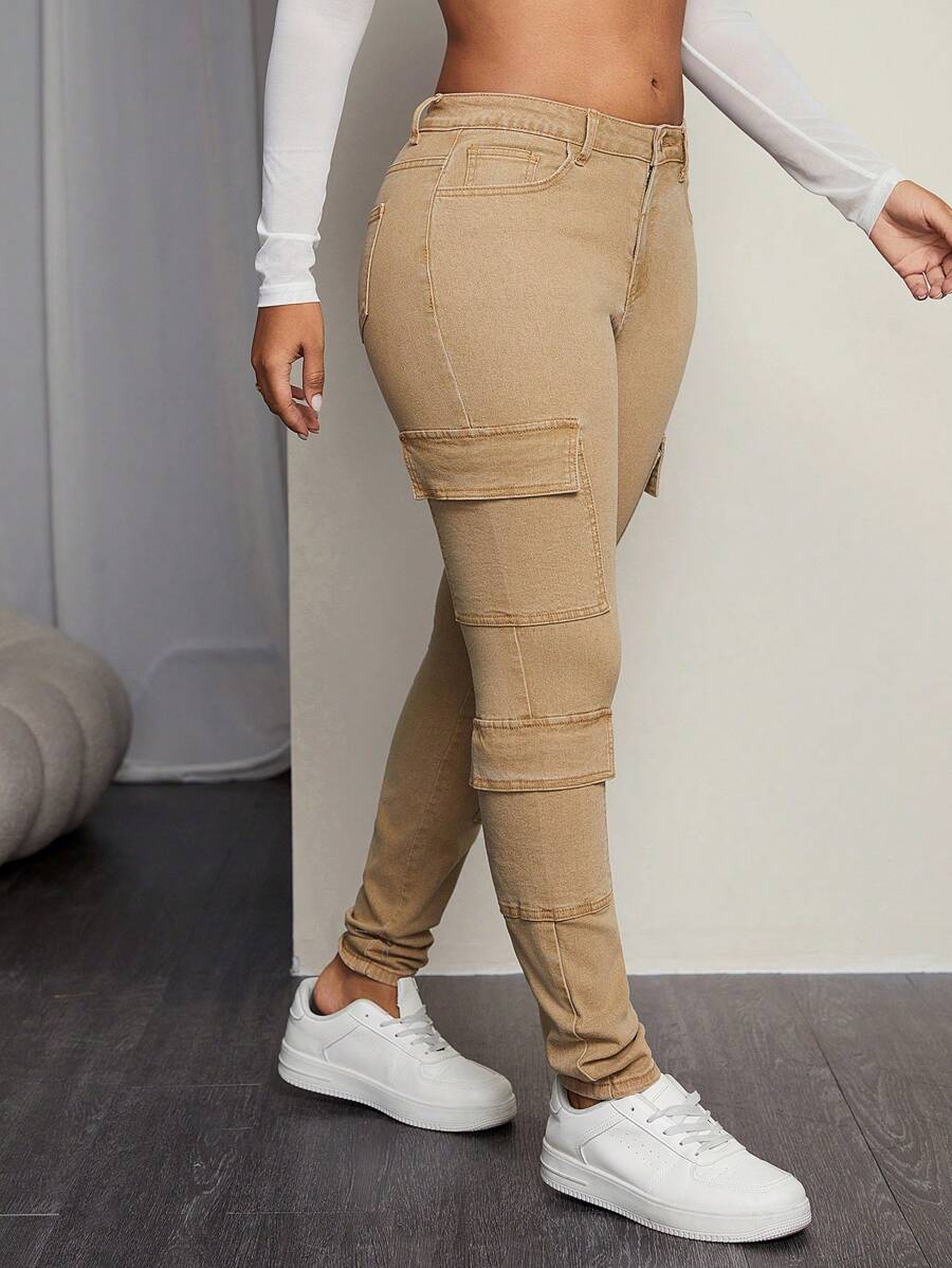 SHEIN SXY 女式常规腰部弹力工装裤，卡其色，多口袋设计，休闲紧身款式，适合所有季节 - 卡其色 - 查看 1