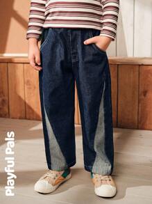 SHEIN 1 pieza Conjuntos de ropa de colores de bloques de jeans con impresión de dibujos animados, lindos/retro/casuales/para el hogar/al aire libre para invierno/otoño para niños pequeños