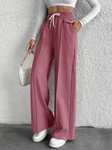 Cottnline Petite Drawstring Waist Wide Leg Pants - Rose Red - View 3