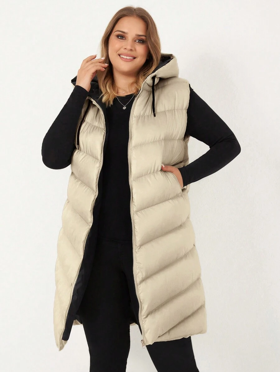 RueChic Plus Zip Up Drawstring Hooded Puffer Vest Coat - Apricot - View 1