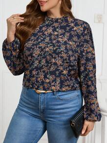 SHEIN Clasi Curvy Plus Size 女式海军蓝休闲立领荷叶小碎花灯笼袖长袖衬衫，适合秋冬季日常居家、圣诞节、新年 - 彩色 - 查看 4