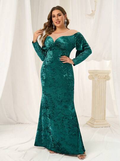 SHEIN Belle Plus Size Women's Fashion Autumn And Winter Banquet Party Princess Socialite Elegant Internet Celebrity Popular Dress Daily Wear High Elastic Glossy Velvet Waist And Hip Slimming V-Neck Hem Dress, Fashionable Slim Dress, Green Dress Formal Dinner Dress, Christmas Dress For Christmas, Prom Evening Gown, For Wedding Guest, Graduation