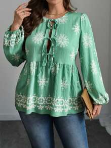 SHEIN LUNE Blusa holgada con manga farol y nudo al frente con estampado floral para mujer talla grande, otoño