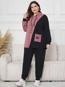 Lacomfia 2pcs/Set Plus Size Casual Color Block Print Hoodie Sweatshirt And Elastic Waist Pants, Spring And Autumn 2 Pieces Set - Multicolor - View 6