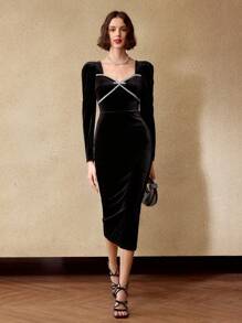 MOTF PREMIUM 天鹅绒心形领口水钻细节羊角袖修身中长连衣裙女装 - 黑色 - 查看 8