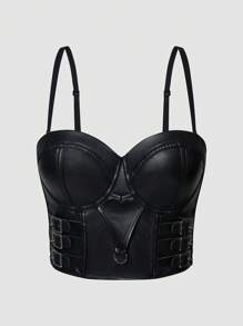 EgrlEra Women Solid Color PU Leather Camisole Fashionable Outer Wear