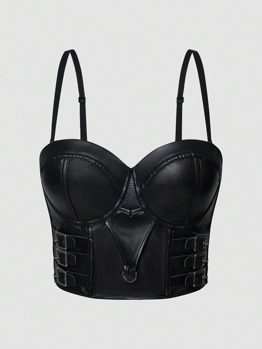 EgrlEra Women Solid Color PU Leather Camisole Fashionable Outer Wear