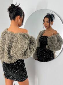 SHEIN SXY 新年优雅性感夜店必备情人节休闲棕色短长袖保暖卷毛仿皮草外套 - 紅白色 - 查看 4