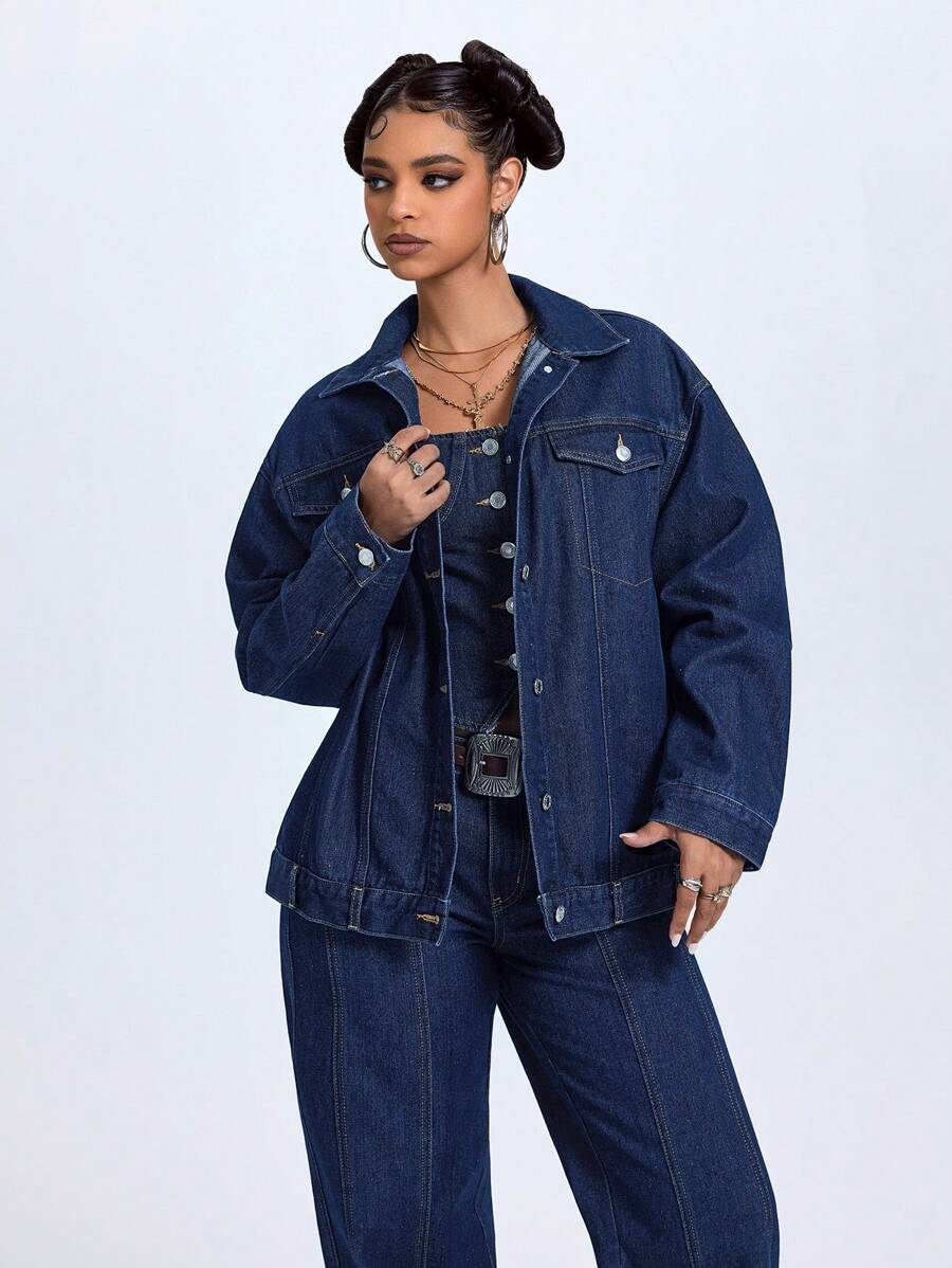 Jeanoix Women's Casual Loose Denim Jacket - Dark Wash - View 1