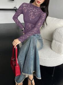 DAZY Sheer Lace Mock Neck Slim Fit Long Sleeve Blouse For Women,Fall Clothes - Purple - View 4