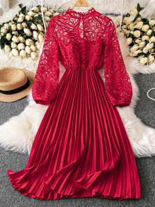 EMERY ROSE Đầm dài xếp ly ren đỏ giản dị thanh lịch cho phụ nữ mặc năm mới trang phục Maxi cho phụ nữ - Đỏ - Xem 1