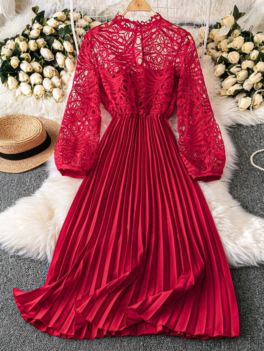 EMERY ROSE Đầm dài xếp ly ren đỏ giản dị thanh lịch cho phụ nữ mặc năm mới trang phục Maxi cho phụ nữ - Đỏ - Xem 1