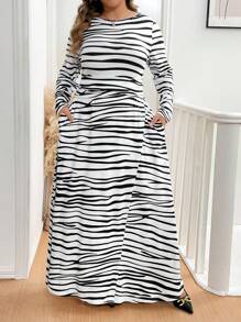SHEIN Clasi Plus Size Autumn Casual Color Block Striped Dress - Black and White - View 6
