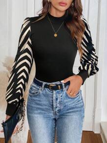 SHEIN LUNE Camiseta de punto ajustada con empalmes, nueva llegada Otoño/Invierno 2024, adecuada para usar como capa o prenda exterior