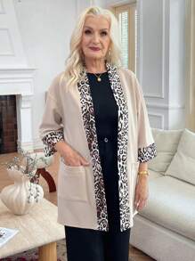 EMERY ROSE Women's Autumn Mixed Leopard Print Drop Shoulder Pocket Casual Open Front Jacket
