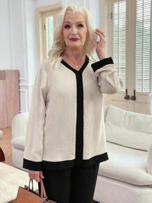 EMERY ROSE Blusa elegante de manga larga con cuello en V y bloqueo de color en tela texturizada