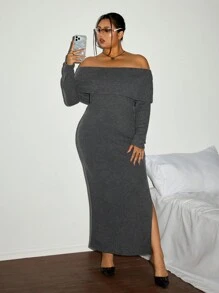 SHEIN ICON 1 件女式加大码露肩长袖紧身连衣裙，侧开衩长裙 - 灰色 - 查看 3