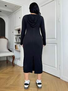 SHEIN EZwear 大码女士冬季连衣裙、女士长袖连衣裙、休闲连衣裙、黑色羊毛保暖连衣裙、寒冷天气秋季服装