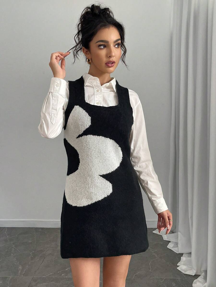 Chiquease فستان كنزة صوفية محبوك بأكمام بدون أكمام مع طباعة زهرية للنساء، خريف/شتاء