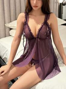 DAZY 2pcs Sheer Mesh Ruffle Trim Bow Decor Open Front Babydoll Gown & G-String Sexy Sleepwear Set For Going Out