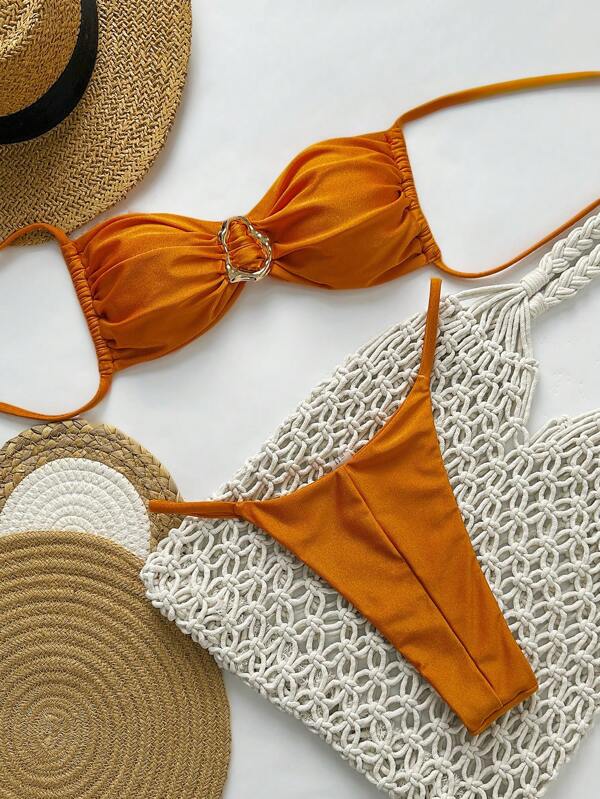 Swim Chiccia Set bikini sexy pentru femei, de culoare simplă, fără bretele, cu decor metalic, vară