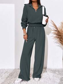SHEIN Essnce Bộ 2 món áo hoodie trễ vai đơn giản, màu trơn, có khóa kéo nửa đầu, áo nỉ và quần ống đứng cho nữ - Màu xám đen - Xem 7