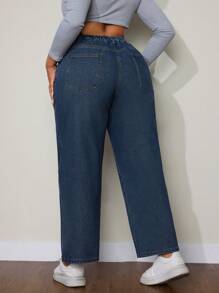 SHEIN EZwear 大码女式口袋宽松阔腿休闲百搭男友风牛仔裤 - 藍色 - 查看 2