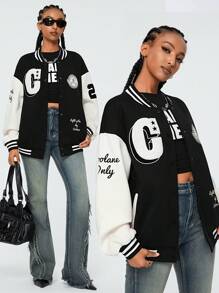 SHEIN EZwear Women's Fall/Winter Y2K Graphics Basic Varsity Jacket - Black - View 1