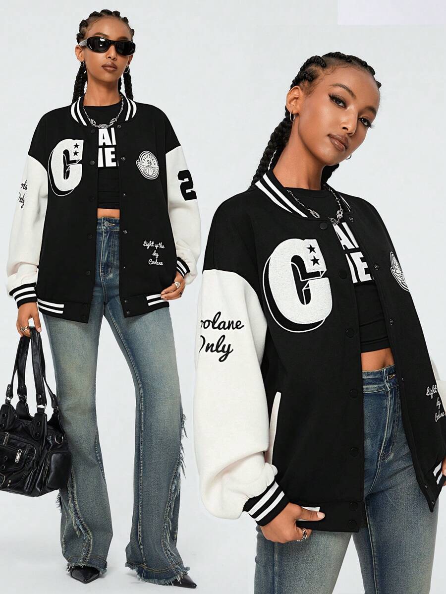 SHEIN EZwear Women's Fall/Winter Y2K Graphics Basic Varsity Jacket - Black - View 1