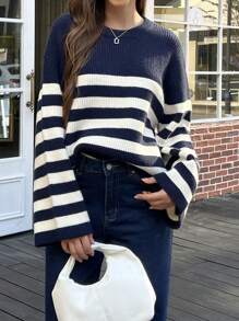 INAWLY Women's Casual Dropped Shoulder Striped Sweater, Autumn/Winter