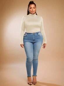 SHEIN SXY Plus Size Solid Color Slim Fit High-Necked Long Sleeve All-Match T-Shirt Basic Tees Fall - Beige - View 7