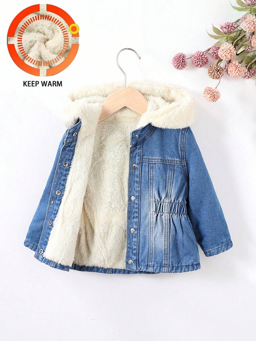SHEIN 女婴蓝色牛仔布和保暖内衬连帽长袖夹克，加厚冬季保暖长腰外套，秋冬保暖服装 - 深色水洗藍 - 查看 1