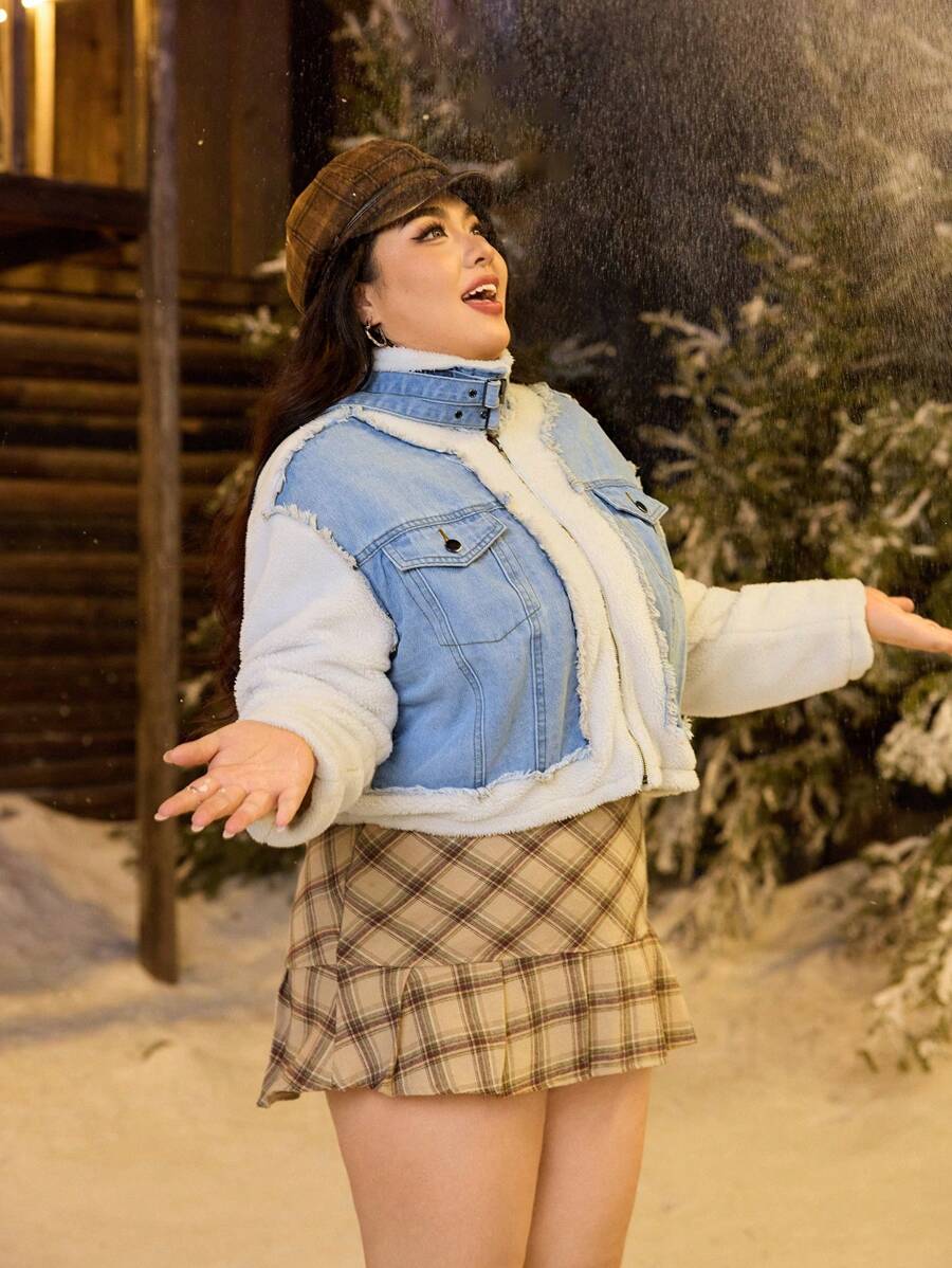 SHEIN EZwear 大码女式拼布羊毛饰边长袖休闲牛仔夹克，圣诞服装女式感恩节女装，秋季 - 藍色 - 查看 1