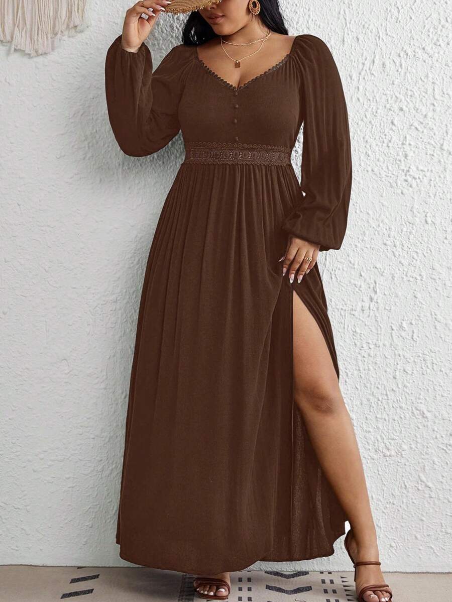 SHEIN VCAY Váy xòe tay đèn lồng màu trơn cỡ lớn thường ngày cho kỳ nghỉ - màu nâu - Xem 1