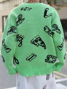 Manfinity EMRG Men's Casual Contrast Pattern Round Neck Green Graphic Color Block Pullover Long Sleeve Sweater, Autumn/Winter, For Going Out, Friends